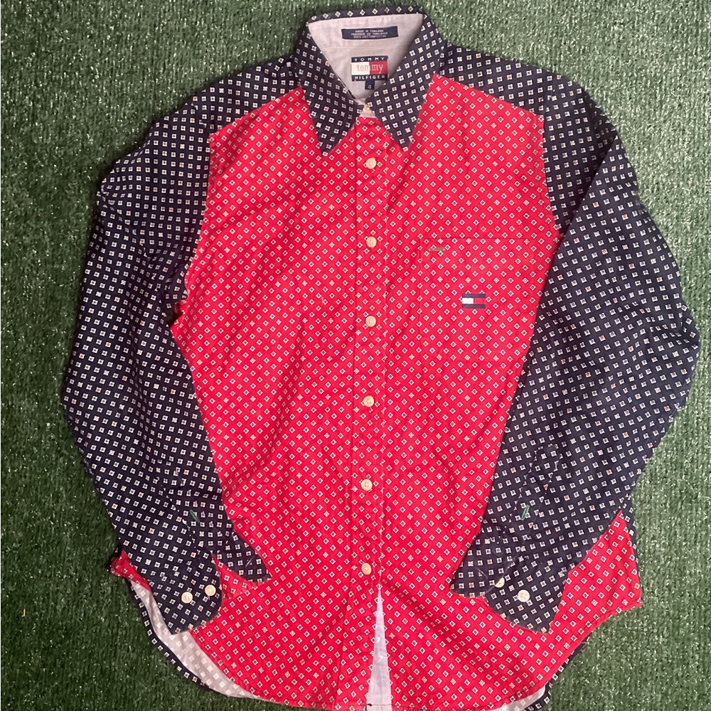 Tommy Hilfiger Red Front Navy Patterned Long-Sleeve Button-Down Shirt